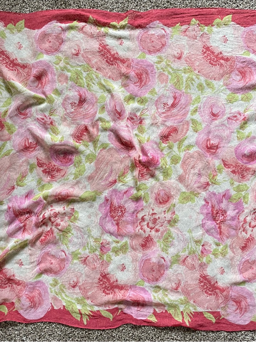 Ann Taylor Silk Floral Pink Rose Scarf with Green Leaf Accents